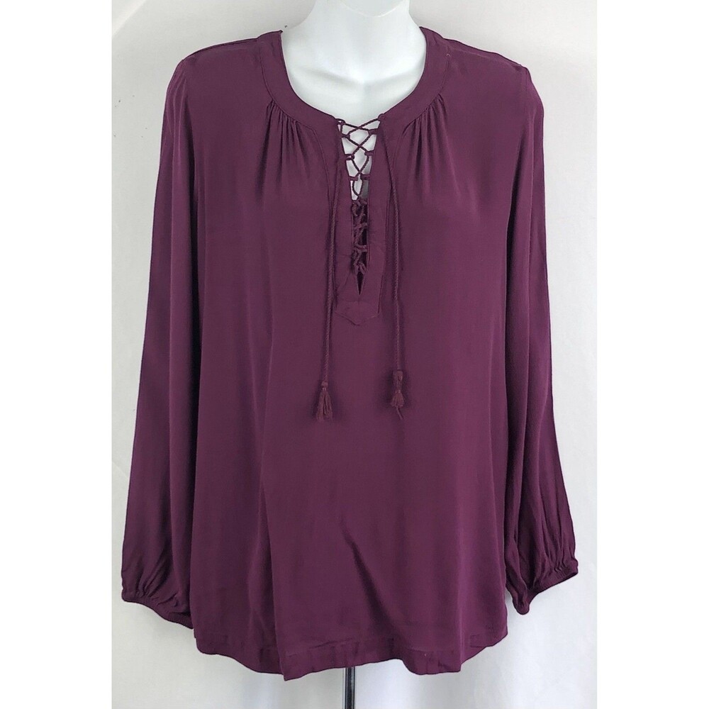 Vintage peasant top M purple lace up balloon Long sleeve tassels Boho Hippie